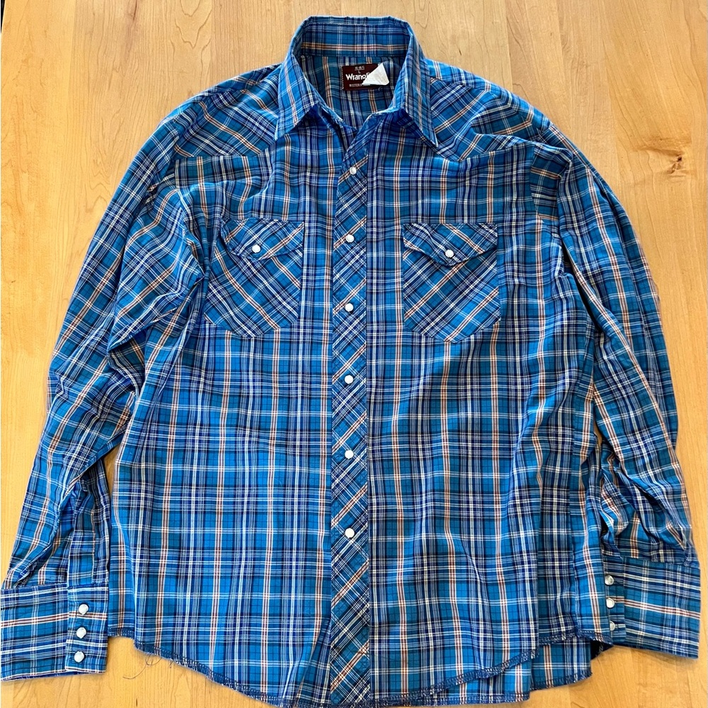 Vintage 70s Wrangler Blue Plaid Western Pearl Snap Shirt - Large 16 16.5